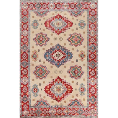 Hand Knotted Oriental 100% Wool Carpet Traditional Geometric Beige & Ivories Kazak Area Rug - 11' 0'' X 7' 9''