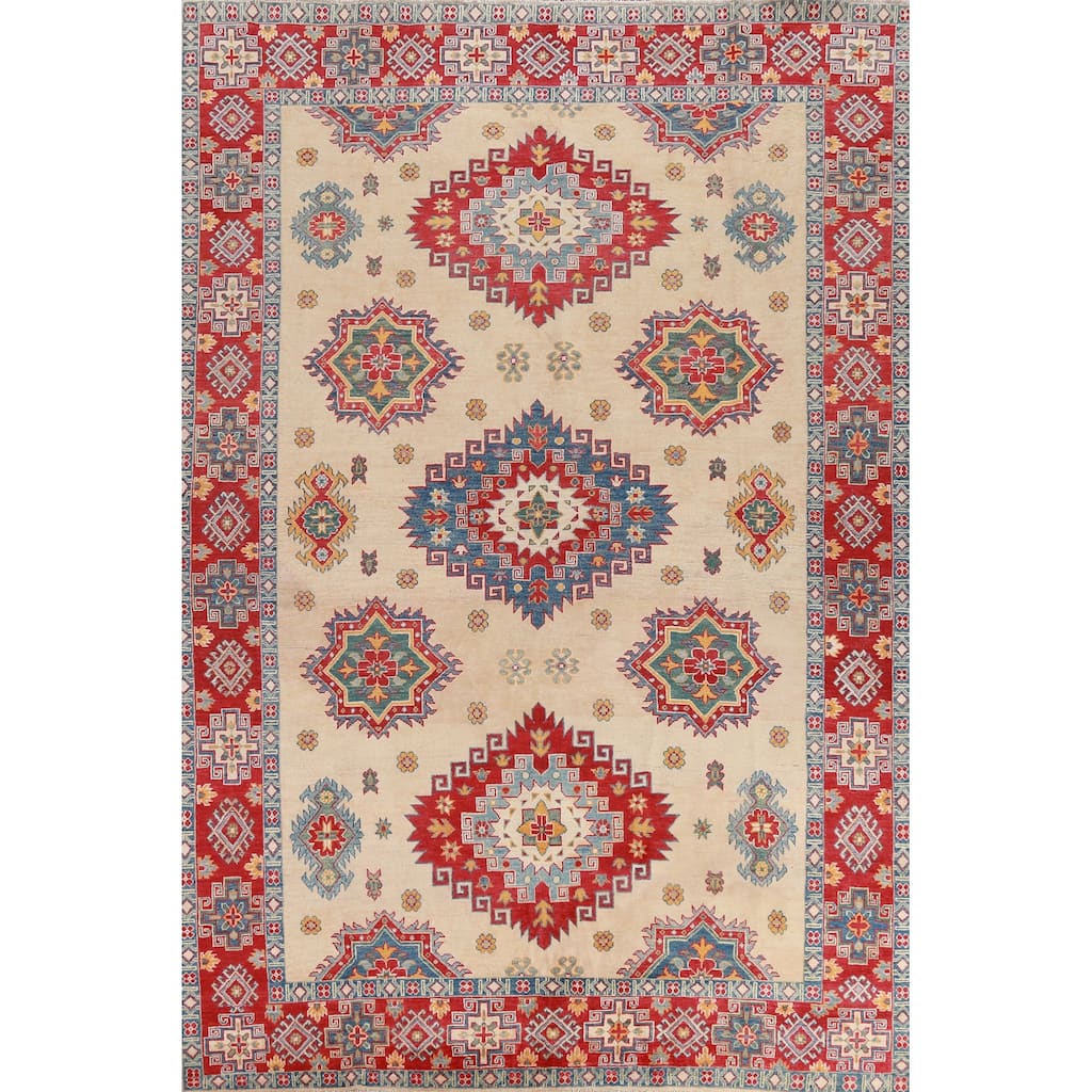 Hand Knotted Oriental 100% Wool Carpet Traditional Geometric Beige & Ivories Kazak Area Rug - 11' 0'' X 7' 9''