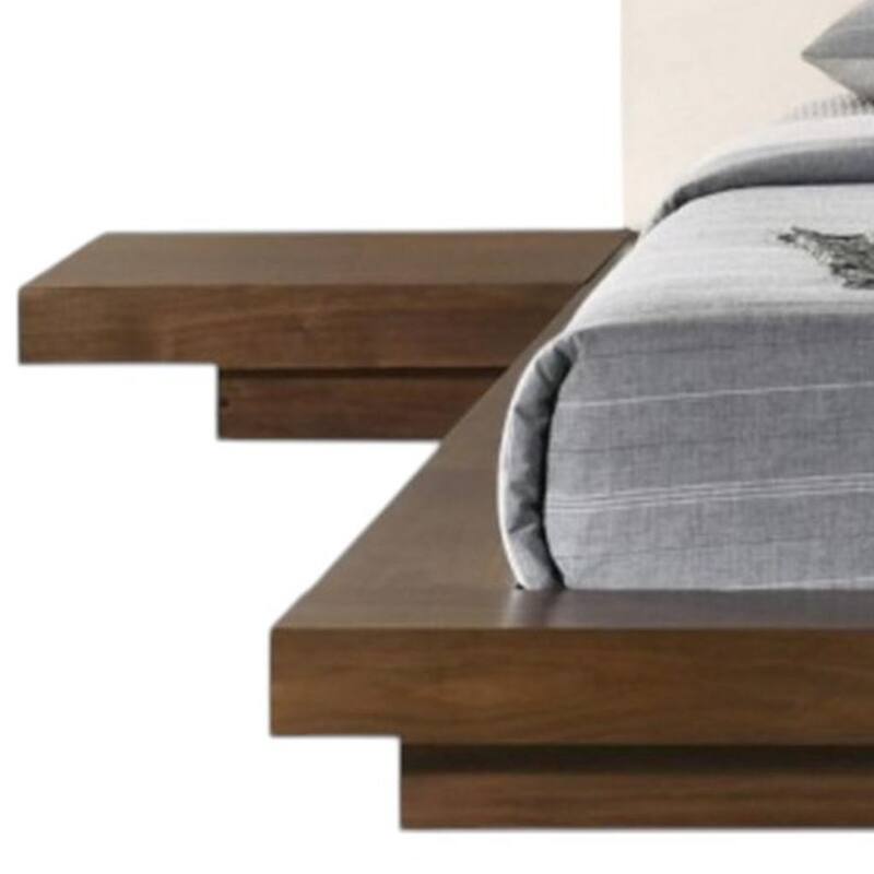 HomeRoots Walnut and White Wood And Faux Leather King Bed Frame With Attached Nightstands