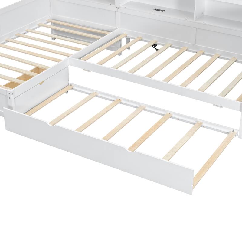 Wooden L Shaped Platform Bed Frame with Trundle for 3, Twin Size L Shaped Daybed with Shelves, Drawer and Charging Station