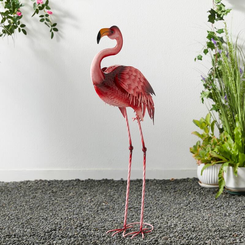 Glitzhome Metal Standing Crane Flamingo Garden Statue with Stakes Yard Art Sculpture Porch Decor