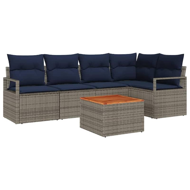 vidaXL 6 Garden Sofa Set with Cushions Black/Grey Poly Rattan - 91.3 x 48 x 27.2
