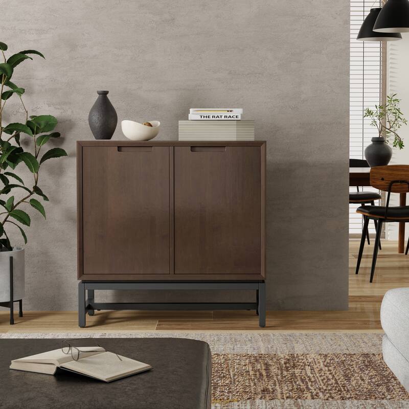 WYNDENHALL Devlin SOLID HARDWOOD 32 inch Wide Modern Low Storage Cabinet in Walnut Brown - 14" D x 32" W x 31.5" H - Walnut Brown