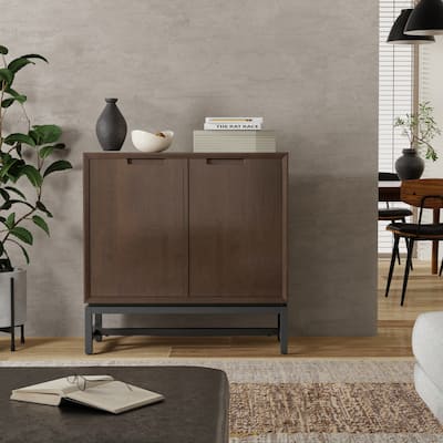 WYNDENHALL Devlin SOLID HARDWOOD 32 inch Wide Modern Low Storage Cabinet in Walnut Brown - 14" D x 32" W x 31.5" H