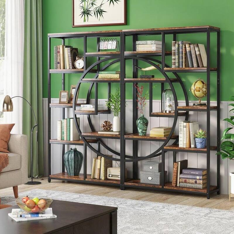 69" Tall Geometric Bookcase with 9 Open Shelves Metal Frame and Marble Laminate Top for Living Room - 37.4”L x 11.81”W x 68.89”H