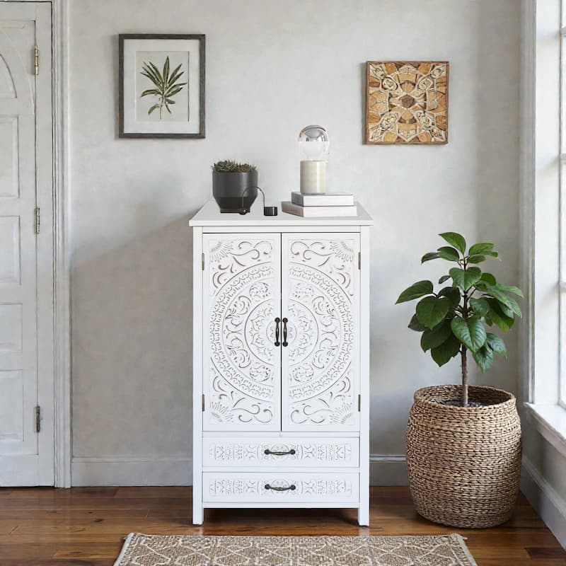 27'' White Tall Storage Cabinet with Doors and Drawers, Rustic Wood Accent Pantry Sideboard Tower for Home Organization