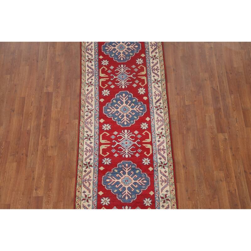 Hand Knotted Oriental 100% Wool Carpet Traditional Geometric Red Kazak Runner Rug - 8' 1'' X 2' 9''