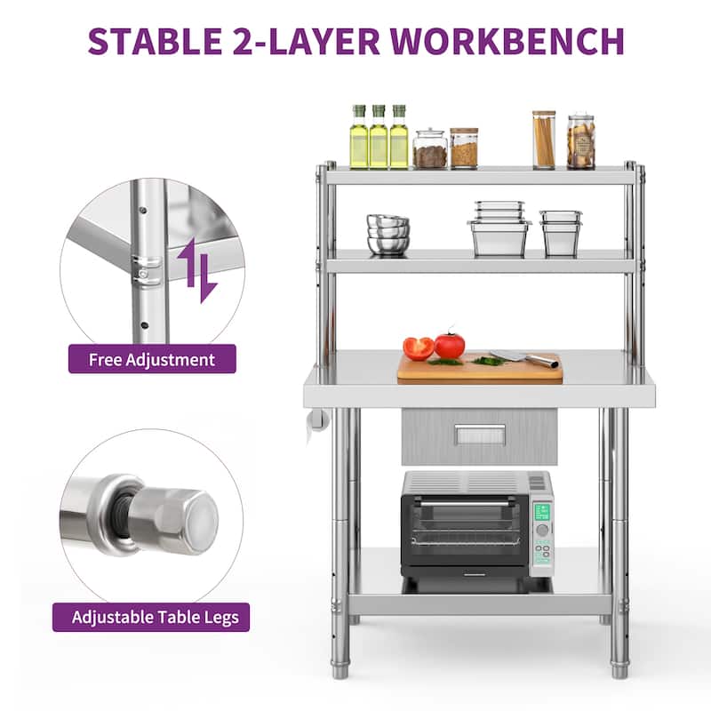36"×24" Stainless Steel Table with Overshelves and Drawer - Silver