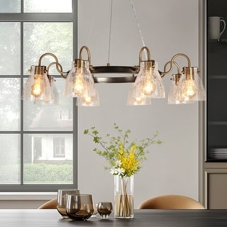 Modern 8-Light Wheel Chandelier Gold Art Glass Lights for Dining Living Room - D34.5" x H8.5"