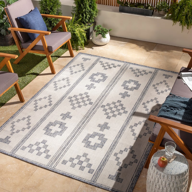 Livabliss Baxana Boho Stripe Indoor/ Outdoor Area Rug - 5'3" x 7' - Grey/Blue