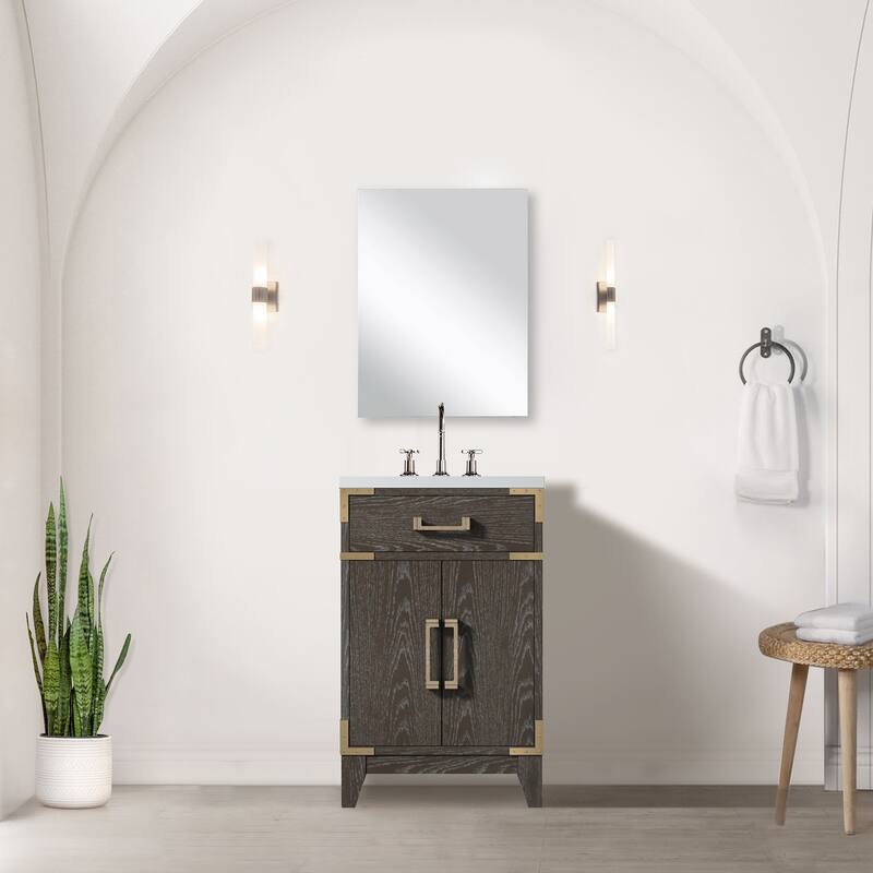 20 in. Black Oak Vanity with Acrylic Countertop, 18 in. Mirror, and Chrome Gooseneck Faucet Set - Compact Bathroom Sink