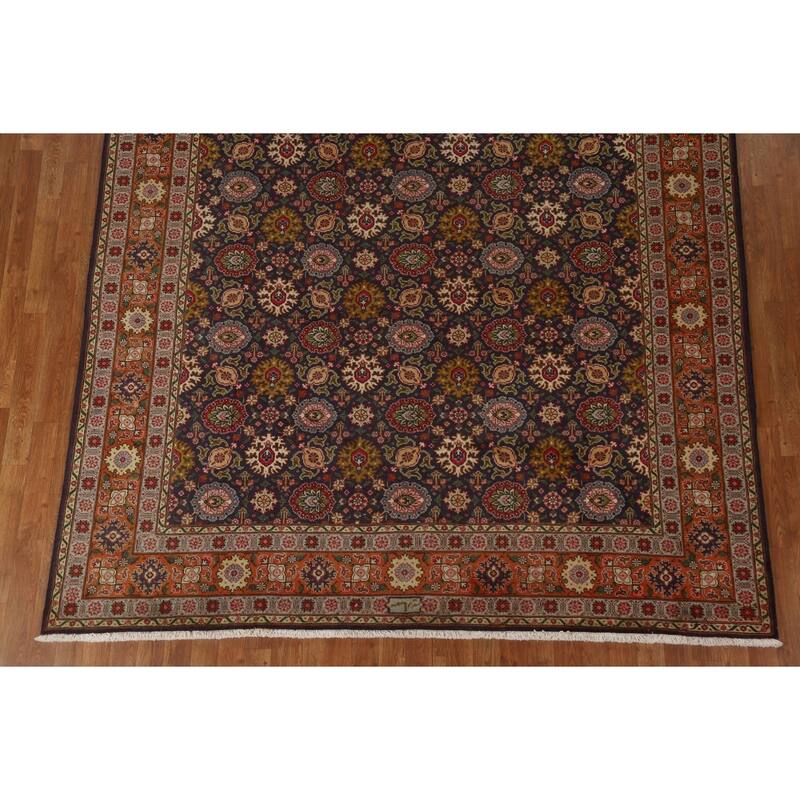 Hand Knotted Oriental 100% Wool Carpet Traditional Floral Navy Blue & Blues Tabriz Area Rug - 11' 5'' X 7' 7''