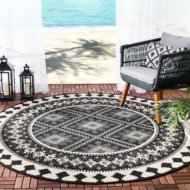 SAFAVIEH Veranda Eyvor Indoor/ Outdoor Waterproof Patio Backyard Rug - 6'7" x 6'7" Round - Black/Creme
