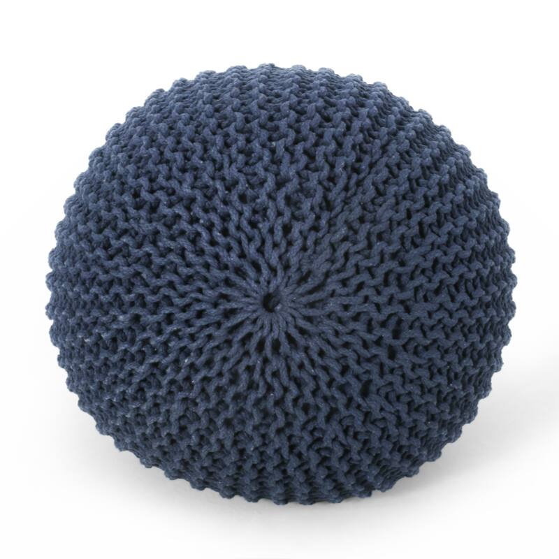 Bordeaux Knitted Cotton Round Pouf, Navy Blue - Navy Blue