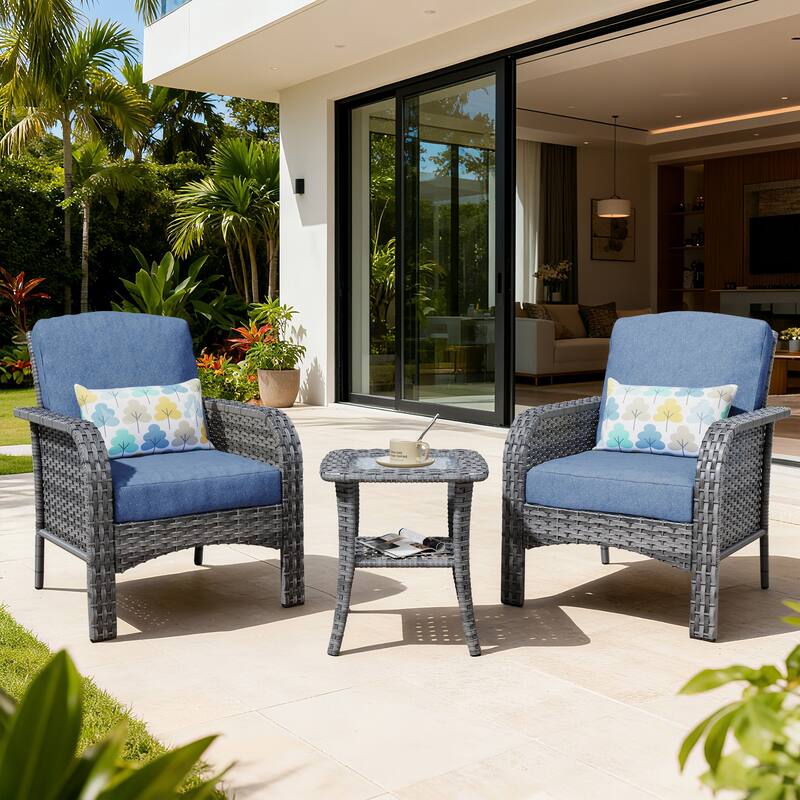 XIZZI 3-Piece Outdoor Wicker Patio Chair Set with Side Table - Denim Blue