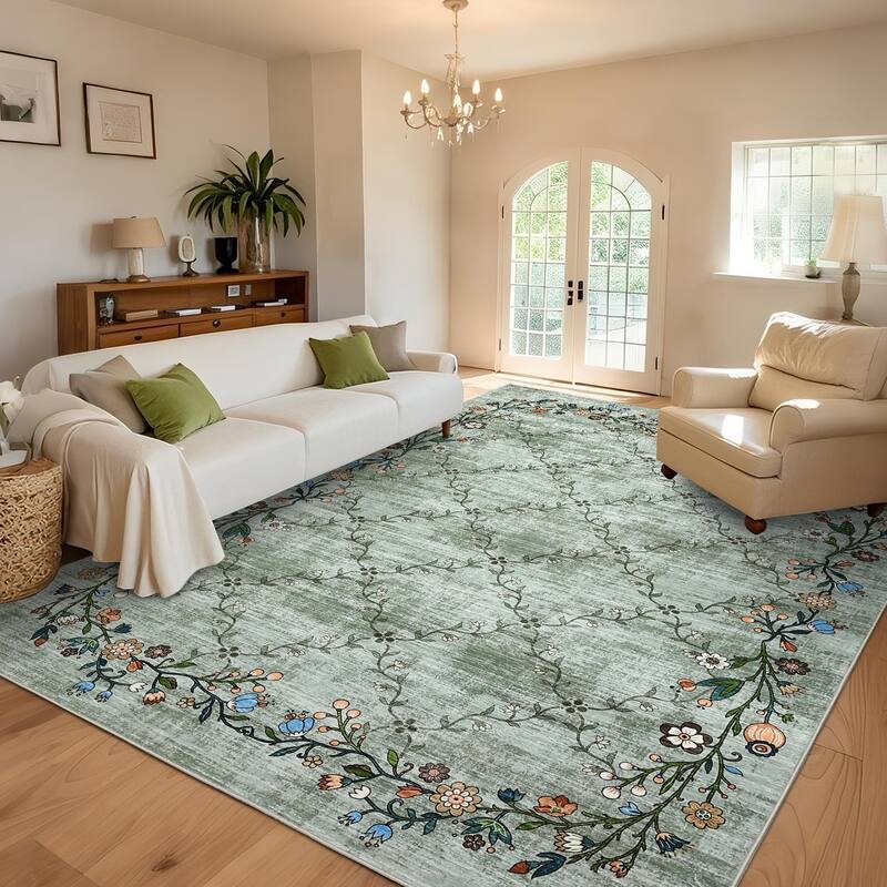 Floral Area Rugs for Living Room Low Pile Non Slip Rugs Washable Soft Foldable Accent Carpet Home Decor - 9'x12' - Green