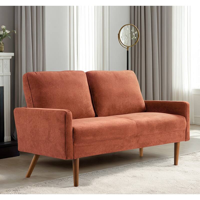 Velvet Upholstered Loveseat Sofa, Small Loveseat Sofa Couch with Rubber Wood Legs, 2 Seater Couch with Throw Pillow - Pumpkin Orange