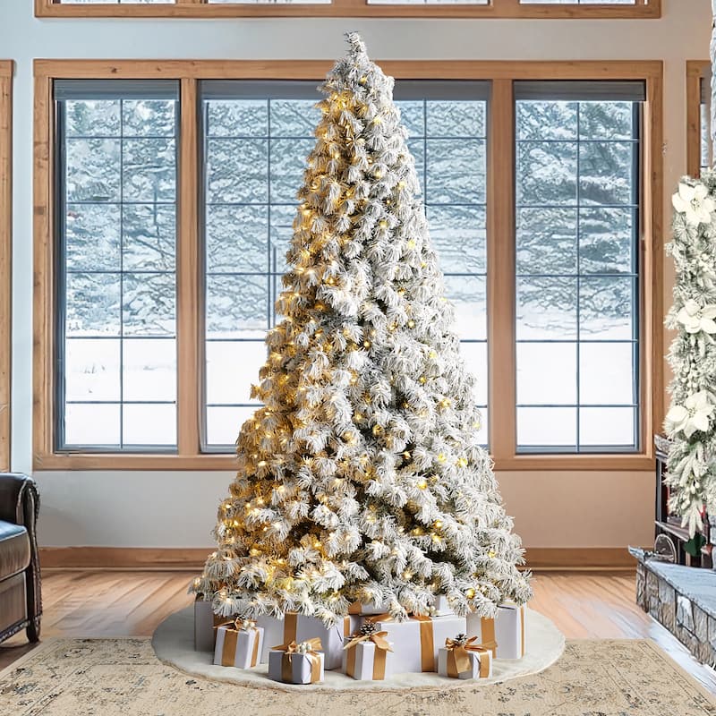 Glitzhome 7.5ft/9ft Pre-Lit Flocked Full Spruce Artificial Christmas Tree with C3 Lights Foot Switch