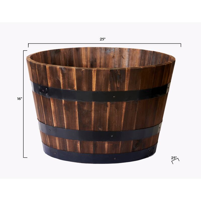 Large Acacia Wood Barrel Planter Burnt Finish, 16" Height, 25" Width