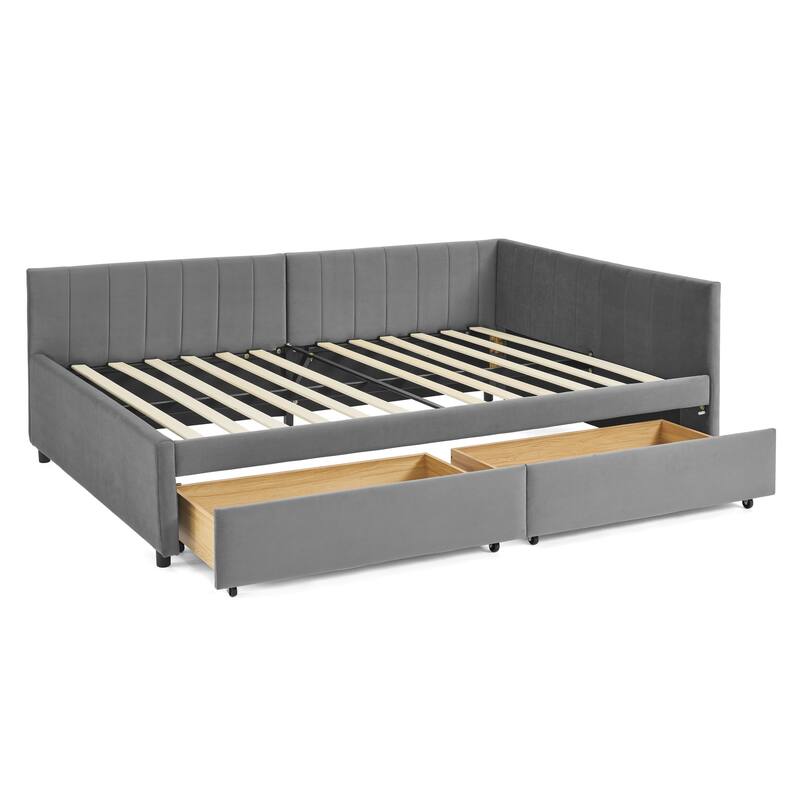 Full Size Upholstered Tufted Bed Frame with Two Drawers, Sofa Bed Frame with Comfortable Backrest and Armrests(79.5"x58"x25")