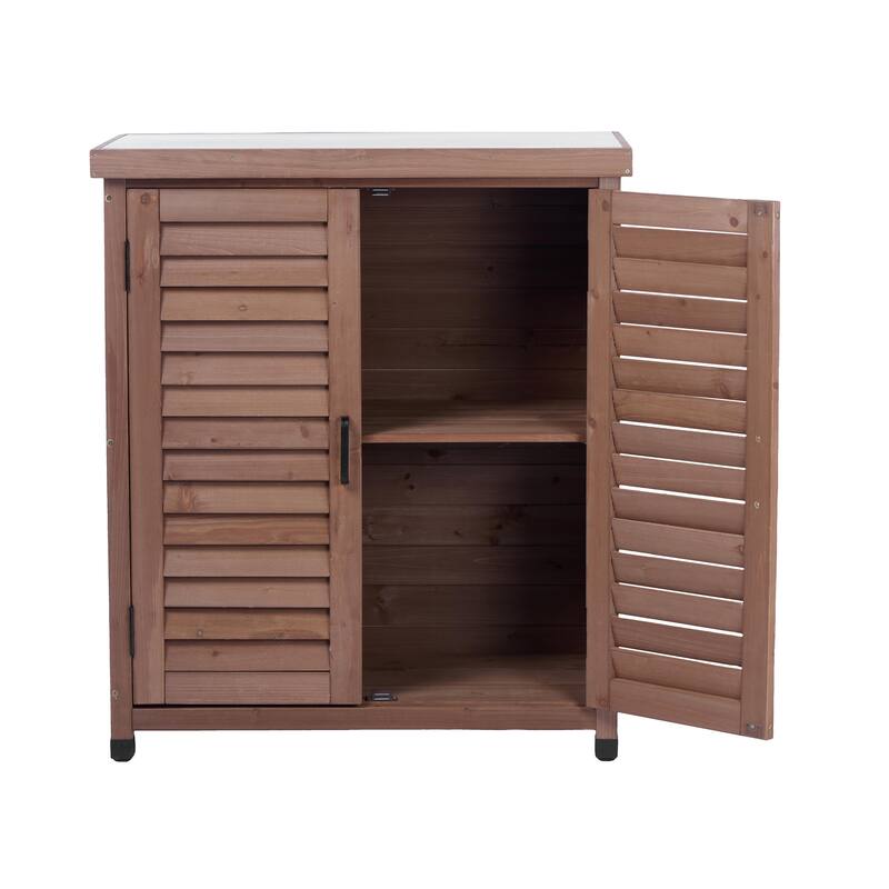 GDF Studio - Outdoor Wooden Potting Bench with Metal Tabletop Workstation and Storage Cabinet