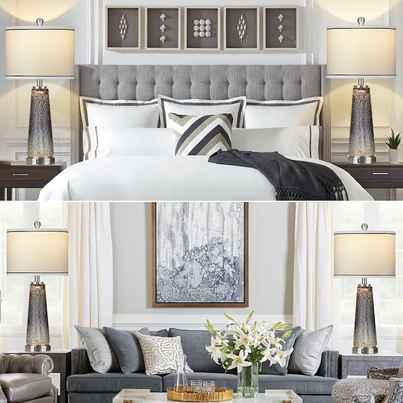 Table Lamps Nightlight 2in1 Glass Gray Charging Ports 2-Way Touch Switch (Set of 2) - 12'' x 12'' x 26'' (L x W x H)