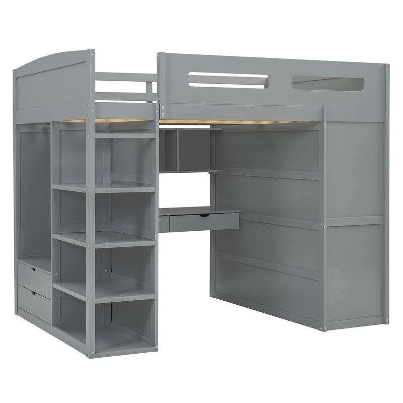 Modern Full Loft Bed with Built-in Desk, Storage Drawers, Shelves, and Open Closet for Optimal Organization
