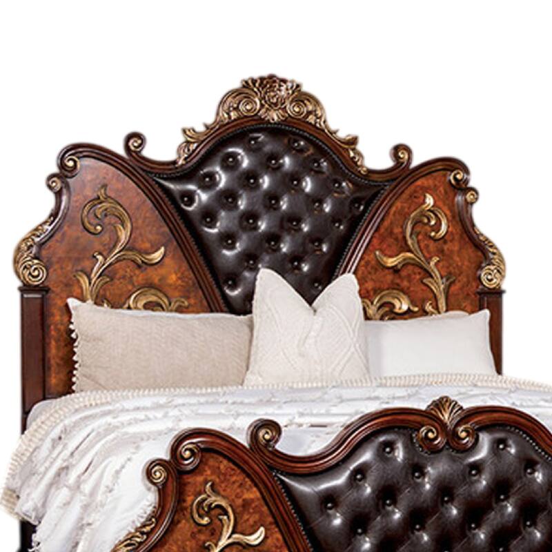 Iliana Queen Bed, Dark Cherry Brown, Black Faux Leather, Gold Carvings
