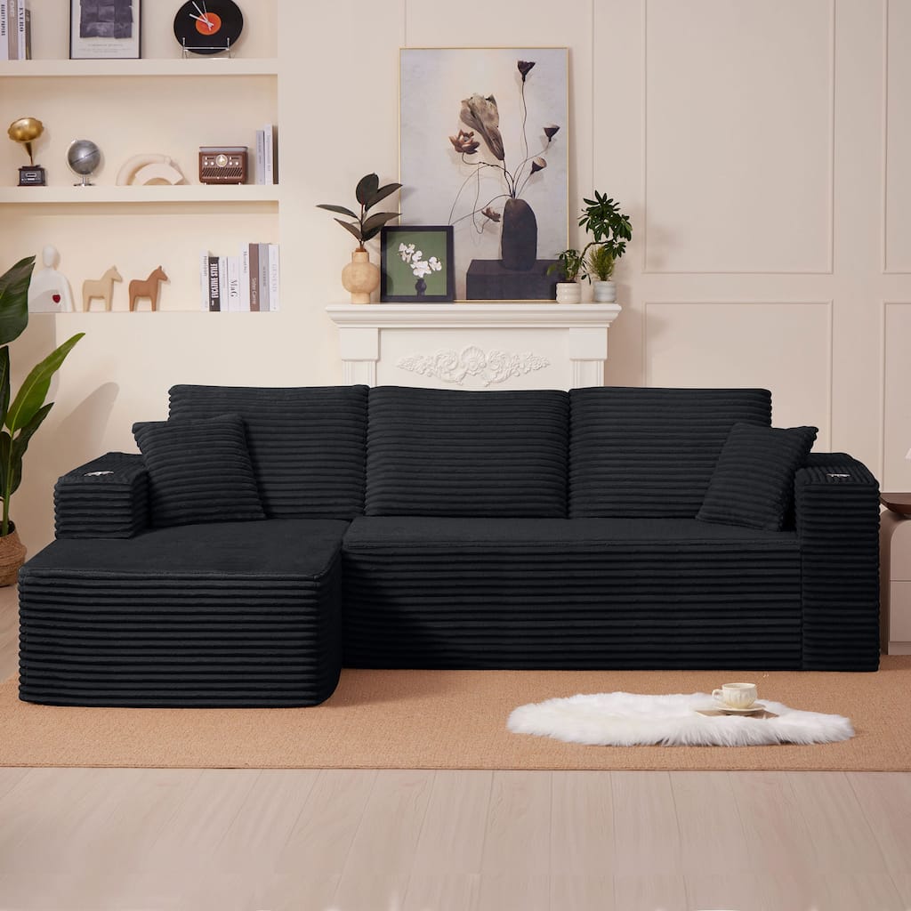 102.76" Corduroy Cloudy L Shaped Sofa with Chaise and Pillows