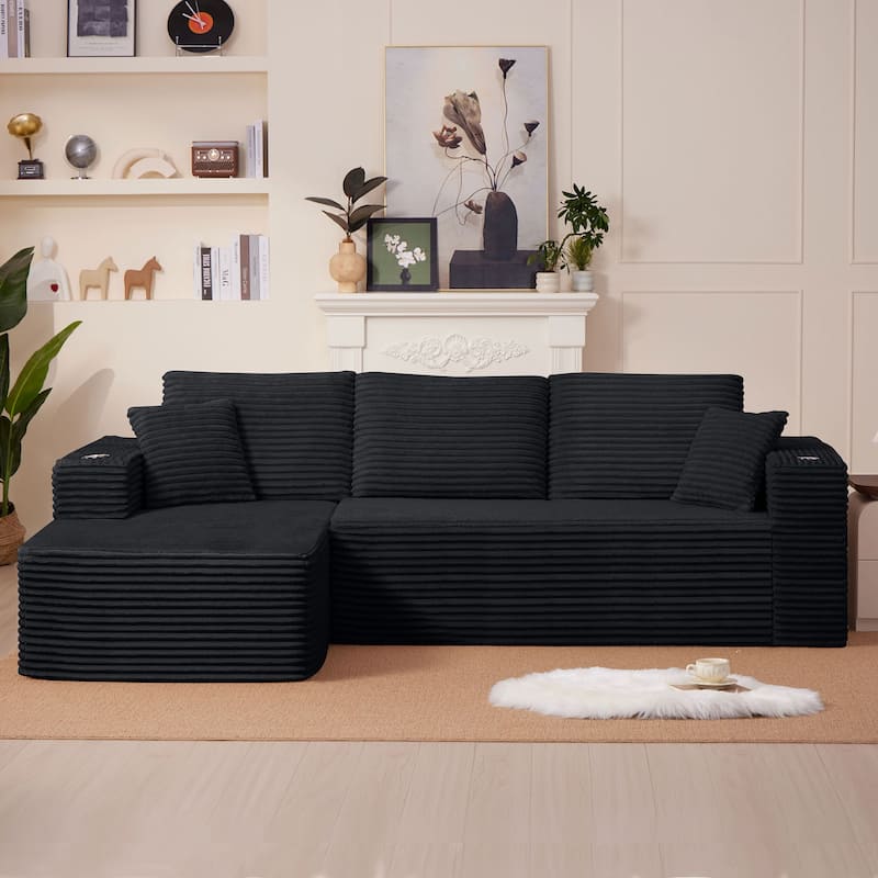 102.76" Corduroy Cloudy L Shaped Sofa with Chaise - Black