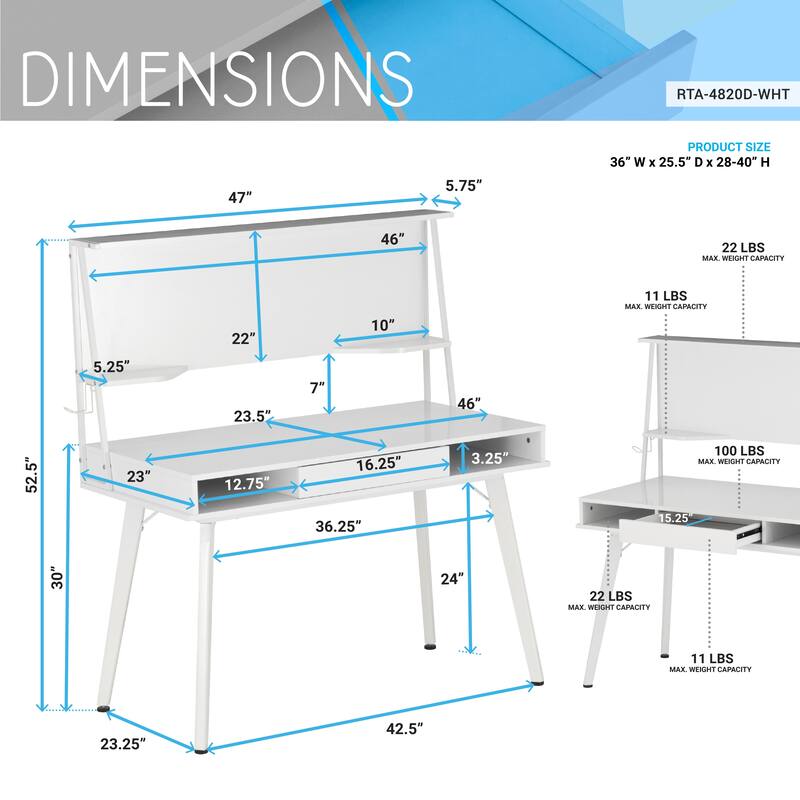 Modern Computer Desk with Magnetic Dry Erase Board, Open Storage Areas, and Top Shelf for Home Office or Study