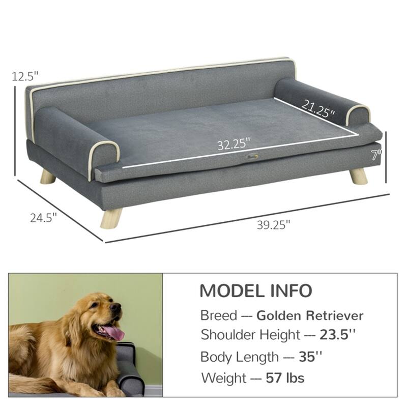Elevated Chenille Dog Bed with Removable Washable Cover Pinewood Legs for Dogs Up to 55 lbs Pewter