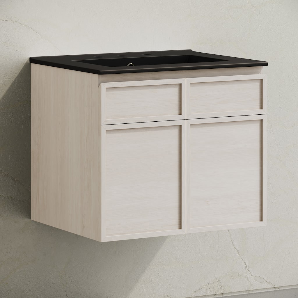 St. Tropez 24" Wall-Mounted Bathroom Vanity In White Oak With Black 3-Hole Widespread Sink Top - 24