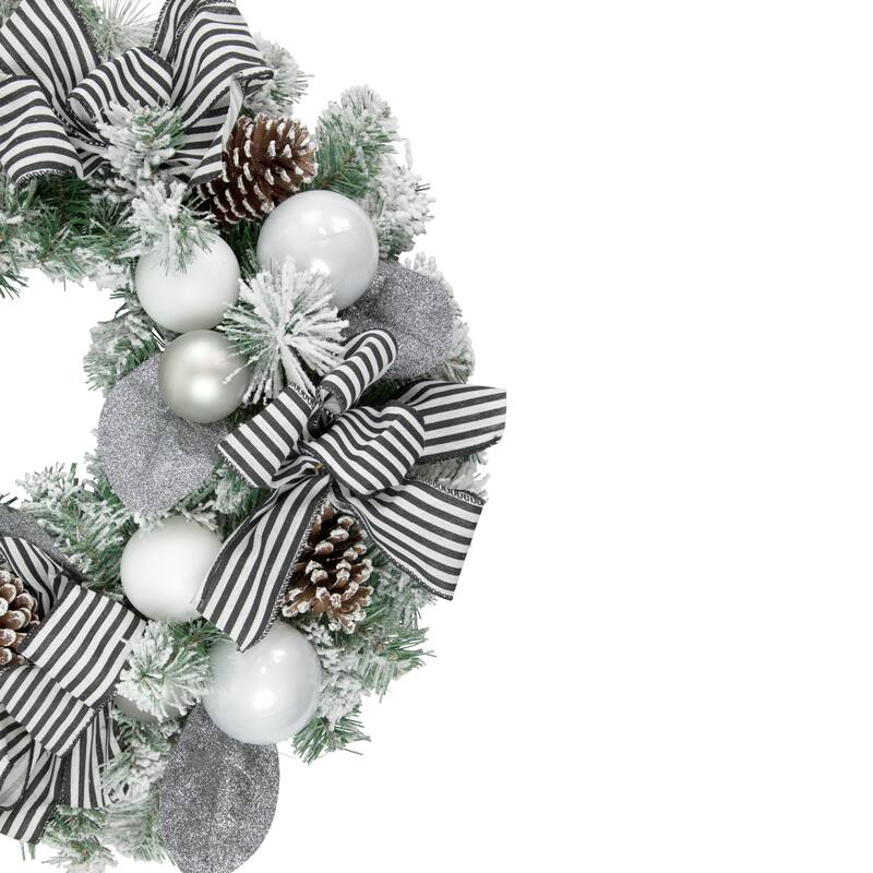 Frosted Pine Artificial Christmas Wreath with Striped Bows 24-Inch Unlit - 24"