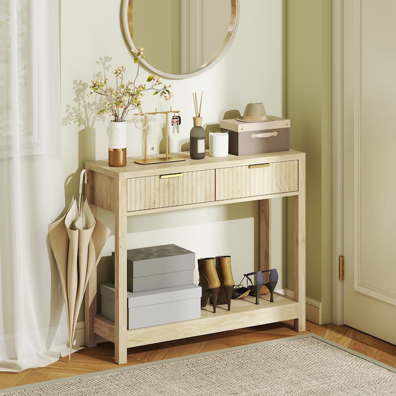 HOMCOM 35" Modern Console Table with Storage, Narrow Entryway Table with Fluted Panel Drawers and Shelf for Hallway,Natural Wood - Natural Wood