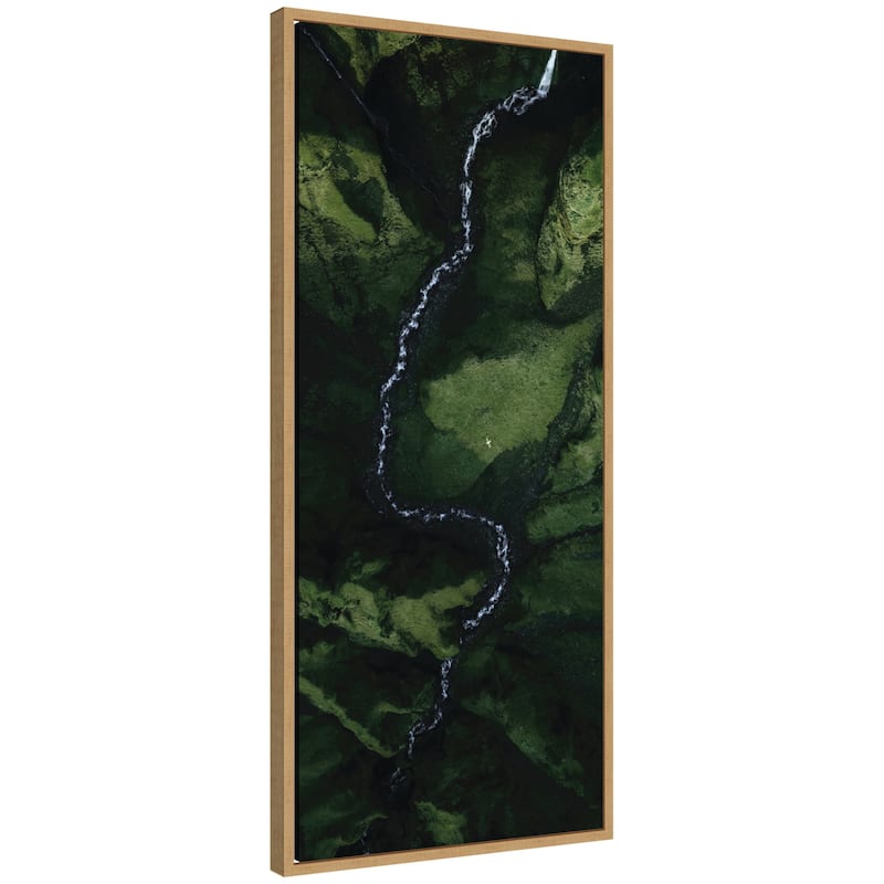 Kate and Laurel Sylvie Aerial View of a Winding River in a Green Valley in Iceland Framed Canvas by Michael Schauer - 18x40 - Brown