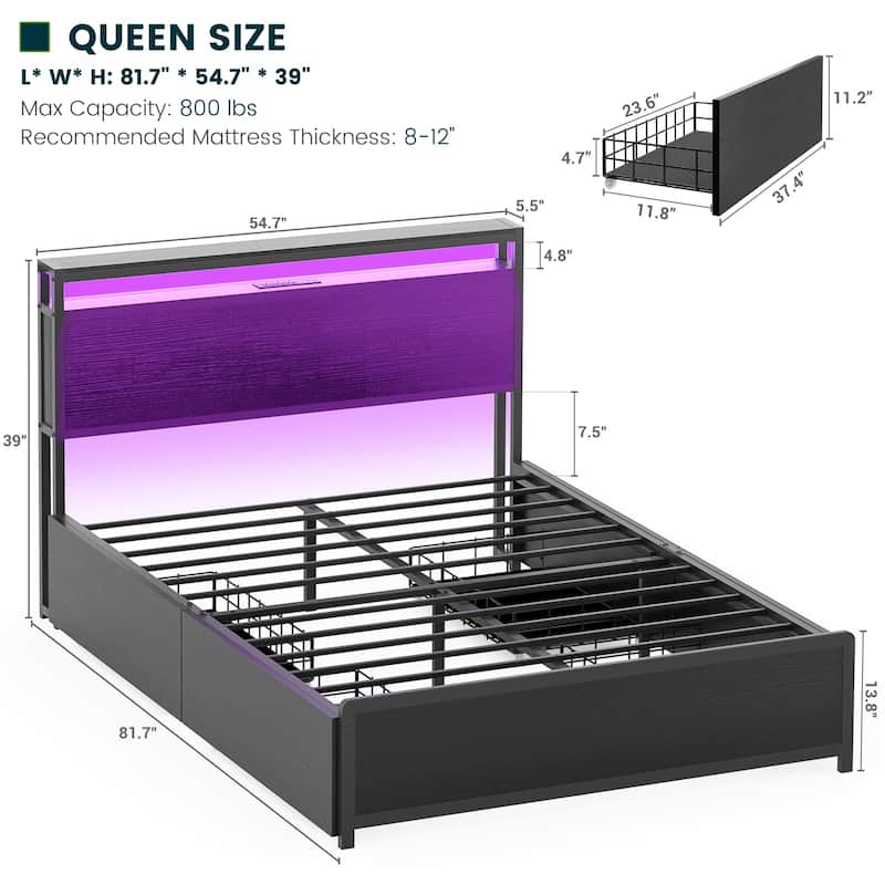 Platform Bed with Hiden Drawers, Bed Frame with Headboard and Charging Station