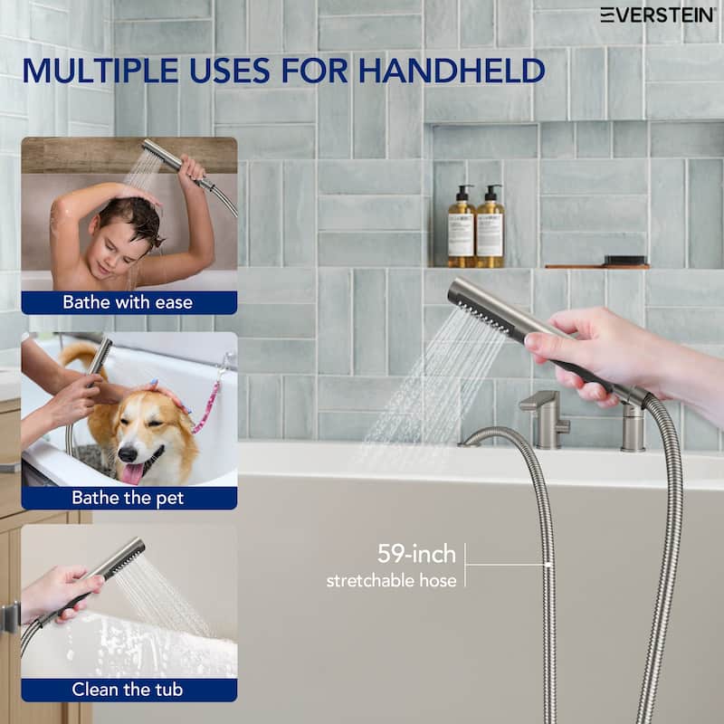 Modern Tub Filler with Hand Sprayer Deck Mount Tub Faucet with Hand Shower 3 Holes Bathtub Faucet Brass