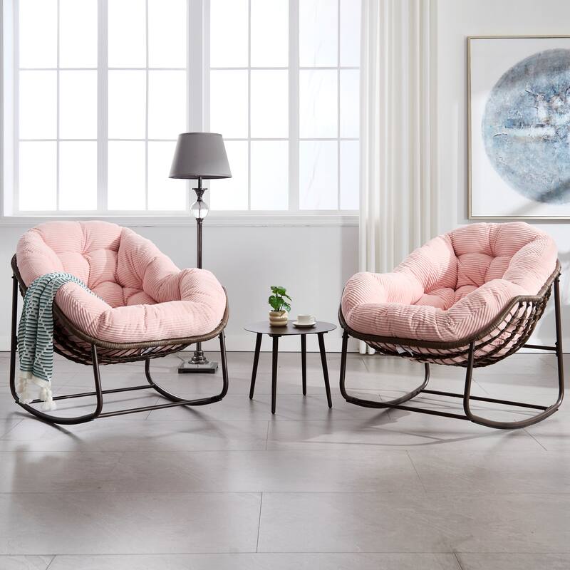 Outdoor Rattan Rocker Recliner Chair With Polyester Padded Cushion （set of 2）
