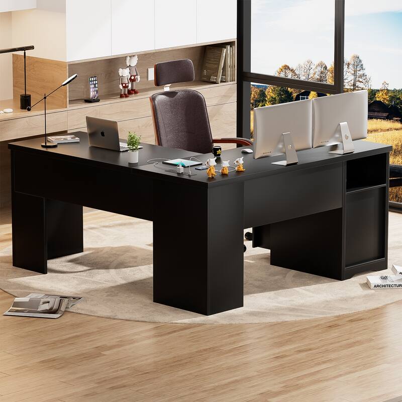 Modern Farmhouse Lift Top L-Shaped Desk with Charge Station, Corner Desk with File Drawers for Home Office