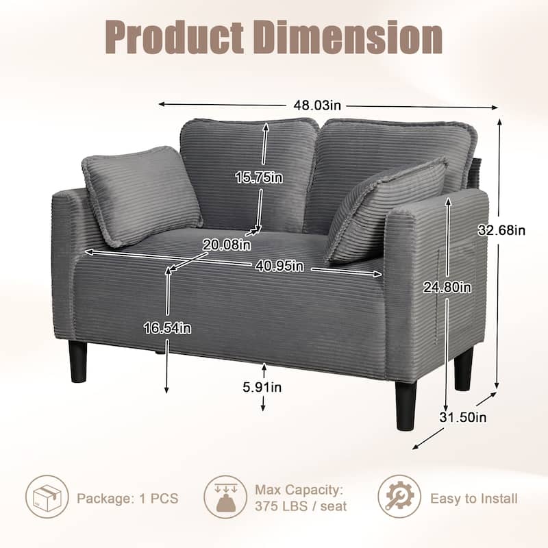 48" Corduroy Loveseat Sofa with Side Storage Pocket, 2-Seater Couch, Solid Wood Frame for Apartment