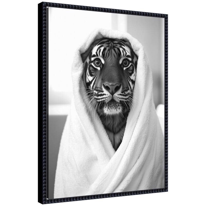 Kate and Laurel Sylvie Tiger Bathroom Art Towel Robe Black and White Framed Canvas by The Creative Bunch Studio - 18x24 - Black