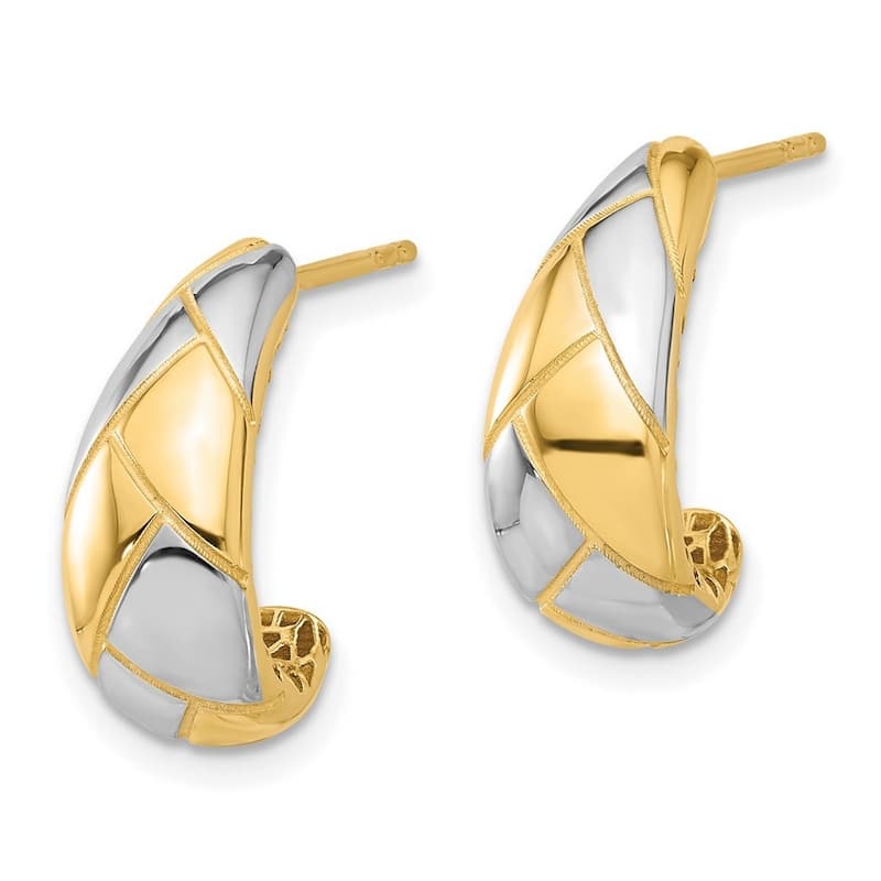 Curata 14k Yellow Gold White Rhodium Polished and Etched J hoop Post Earrings - 17.25x7mm