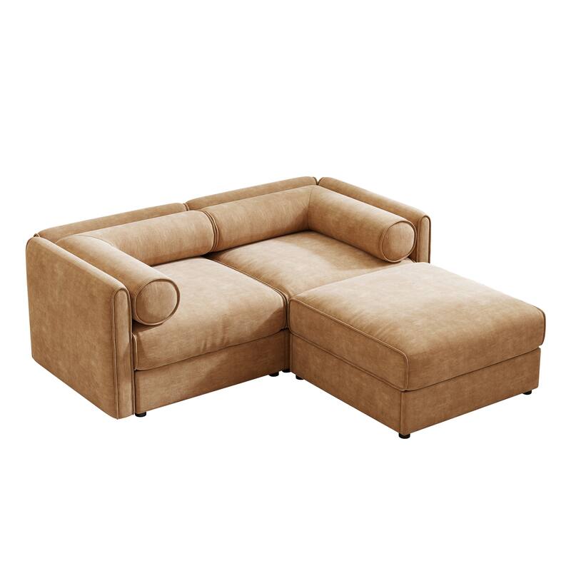75.5" Chenille 2-Seater Sofa with Ottoman Storage & Cylindrical Backrest