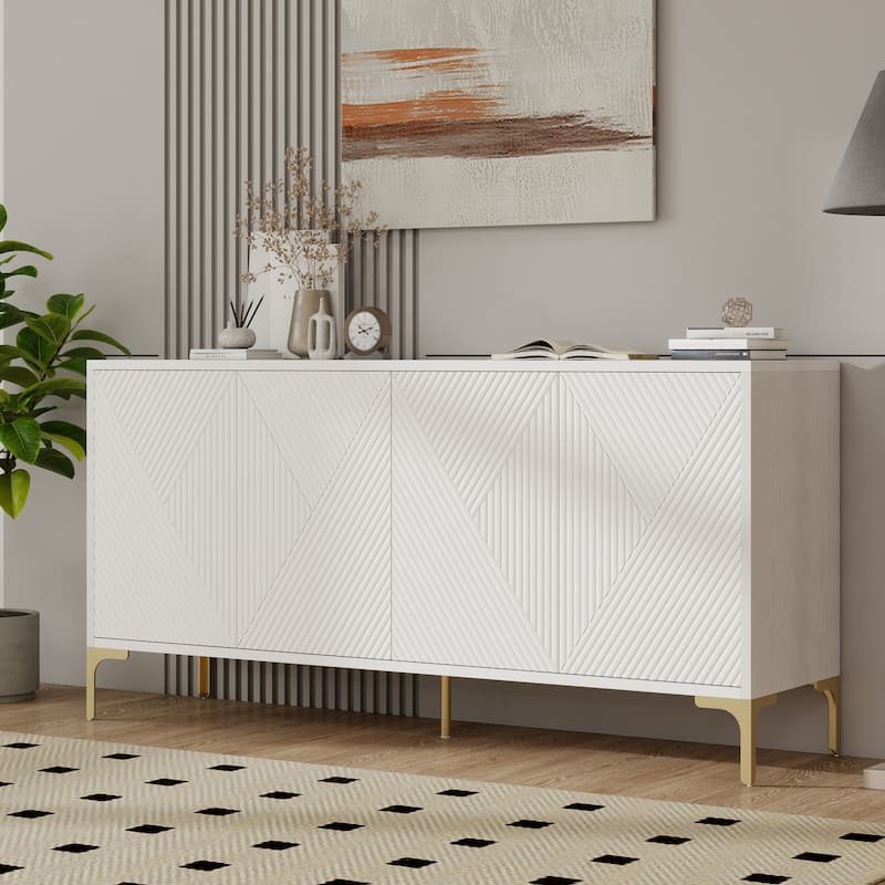 Wood Sideboard Cabinet with Carved Door Panels, 4 Doors modern aesthetic Storage Cabinet with Adjustable Shelves