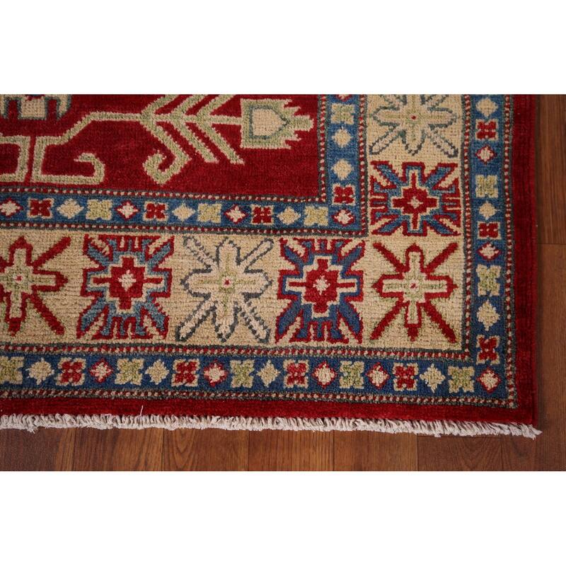 Red Geometric Kazak Foyer Rug Handmade Traditional Wool Carpet - 3'5" x 4'11"