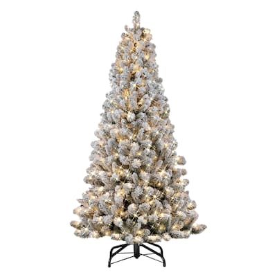 Puleo International 6.5' Pre-lit Flocked Virginia Pine Artifical Christmas Tree with 300 UL-Listed Clear Incandescent Lights