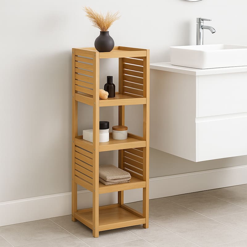 Open-Shelf Storage Unit with Vented Design, Natural - Trinidad Collection - 14.7"L x 11.13"W x 32.12"H