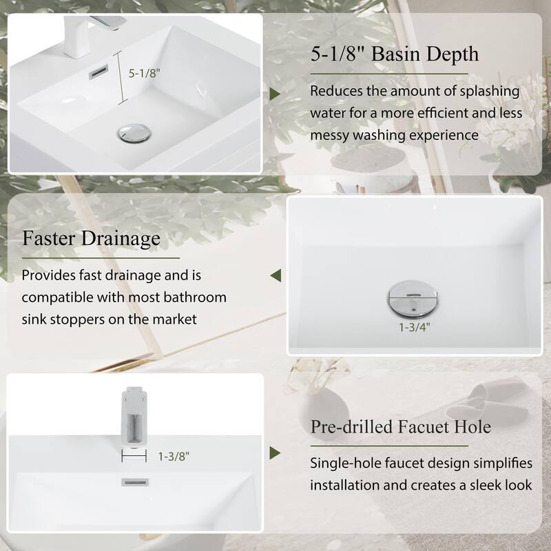 24"/30"/36" Wall-Mounted Bathroom Vanity with Sink, Floating Cabinet, Stone Resin Countertop, Glossy White, Soft-Close Drawers