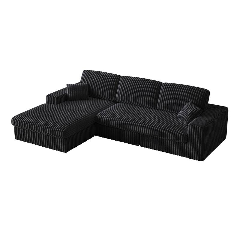 Corduroy Sleeper Sofa Bed L-shaped Sectional Sofa with Chaise, Living Room 2-in-1 Convertible Couch with Detachable Neck Pillows
